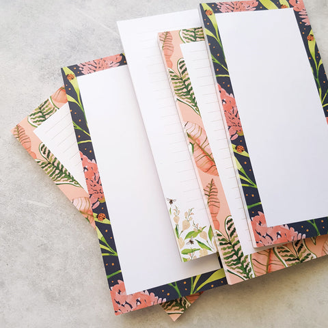 stack of 5 DL notepads blank and lined botanical designs