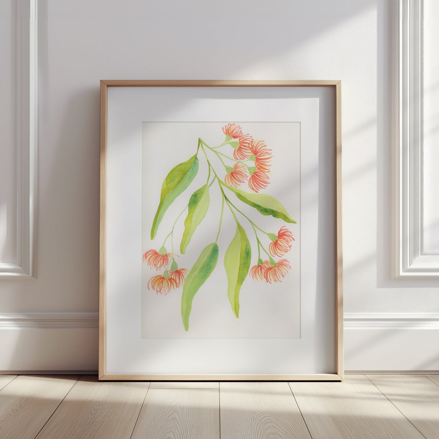 Original watercolour painting of flowering gum leaves and blossoms by Bec Conlon.