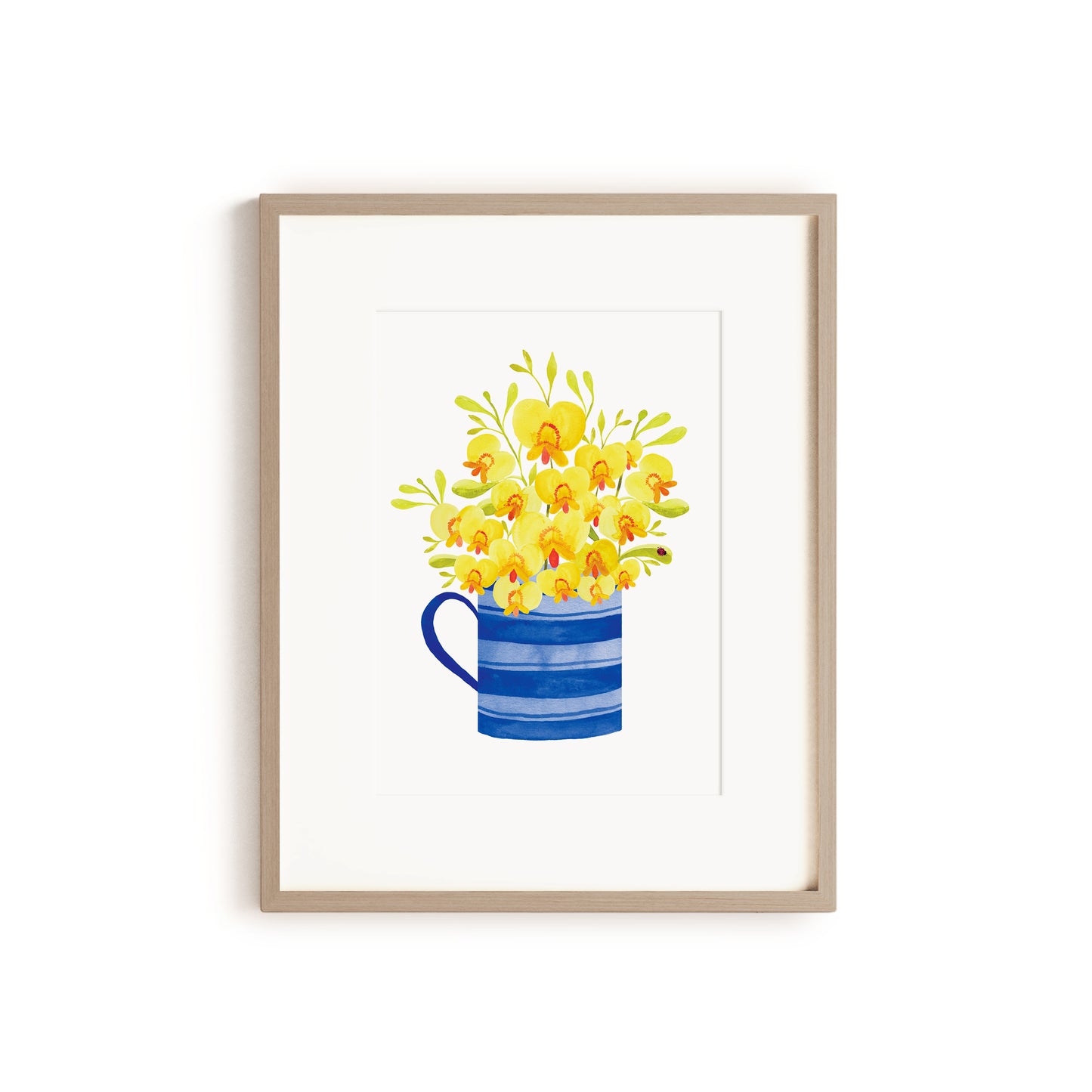 wooden framed mug with flowers on white background
