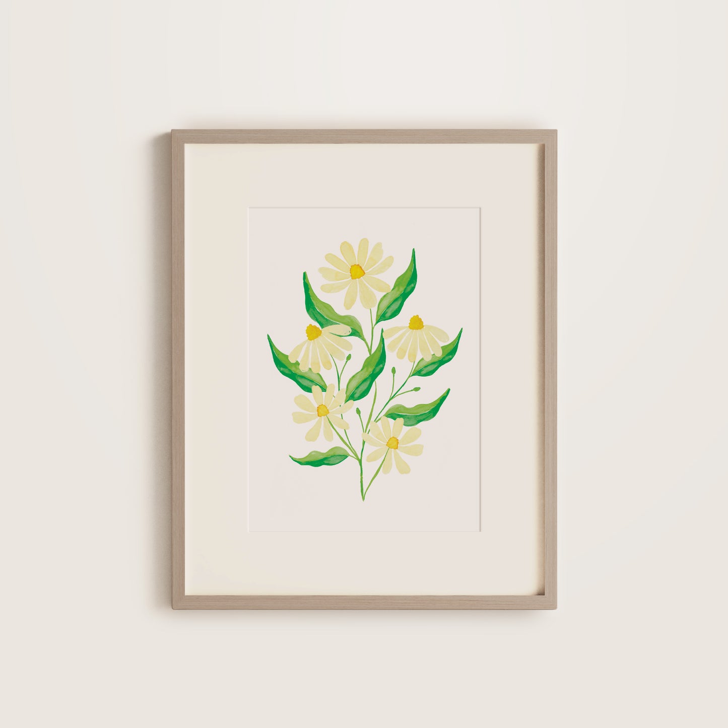 Framed print with cream daisies and green leaves in a wooden frame