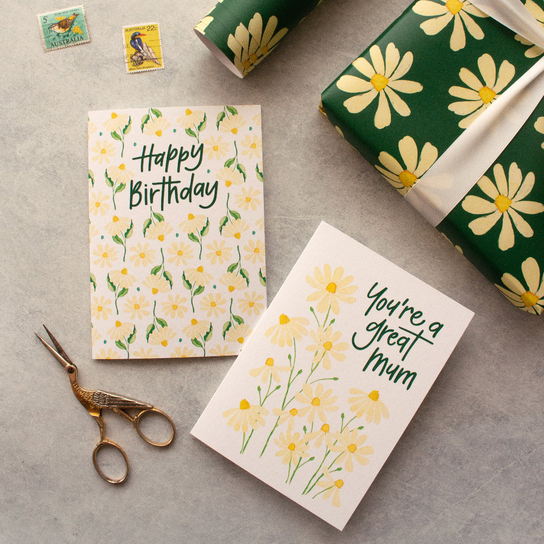 Daisy themed greeting cards and gift wrap