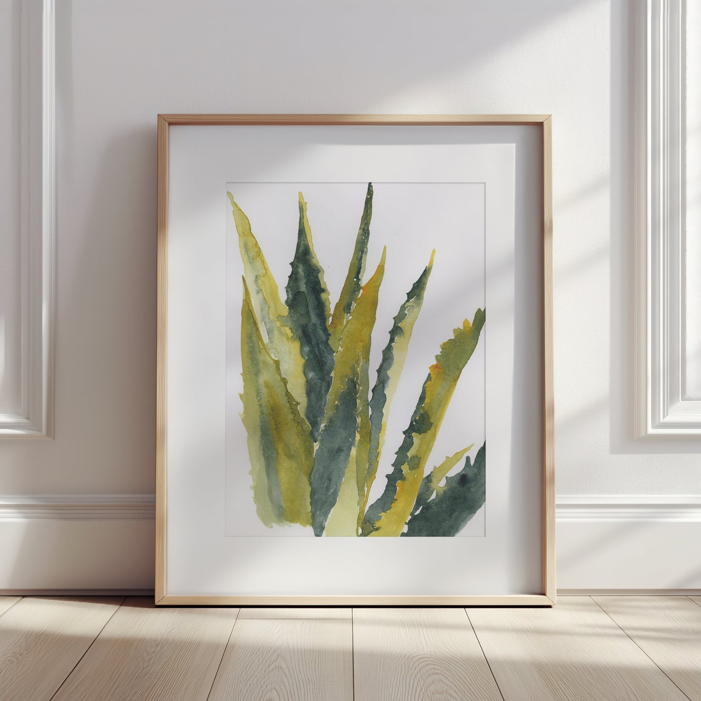 Original aloe vera watercolour painting in soft green tones by Bec Conlon.