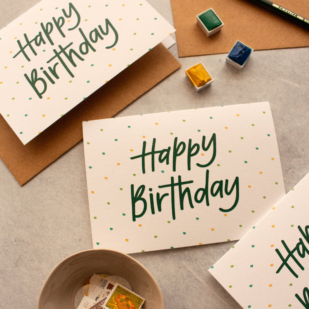 Colourful Happy Birthday greeting card with playful yellow, green, and blue dot design, perfect for any birthday occasion.