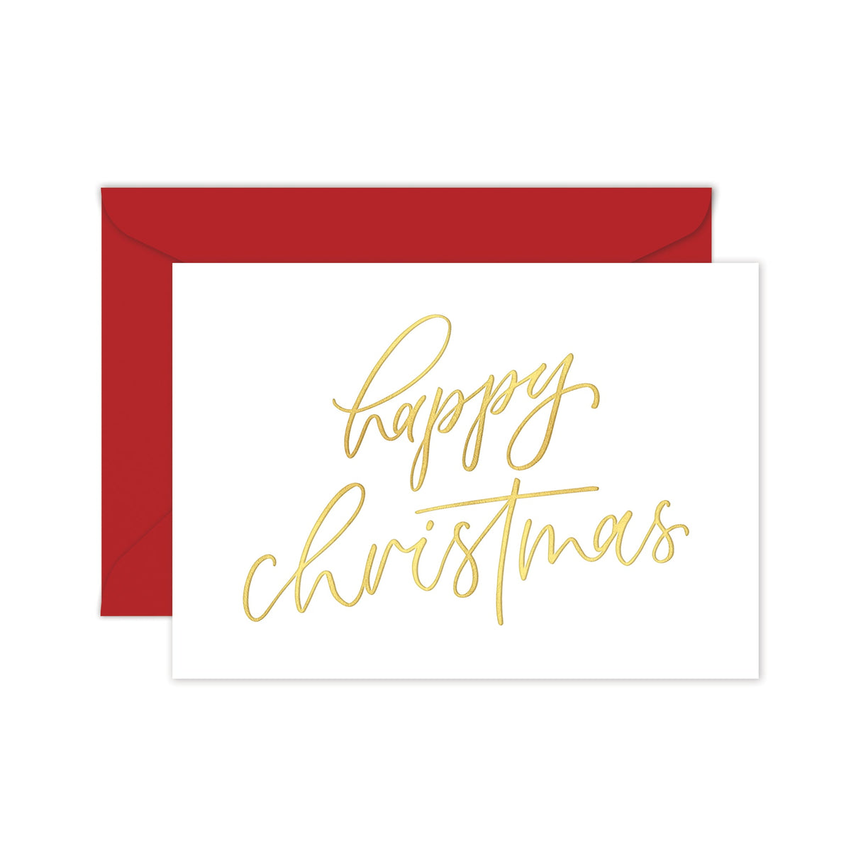A folded greeting card with 'Happy Christmas' written in gold foil on a white background, with a red envelope.