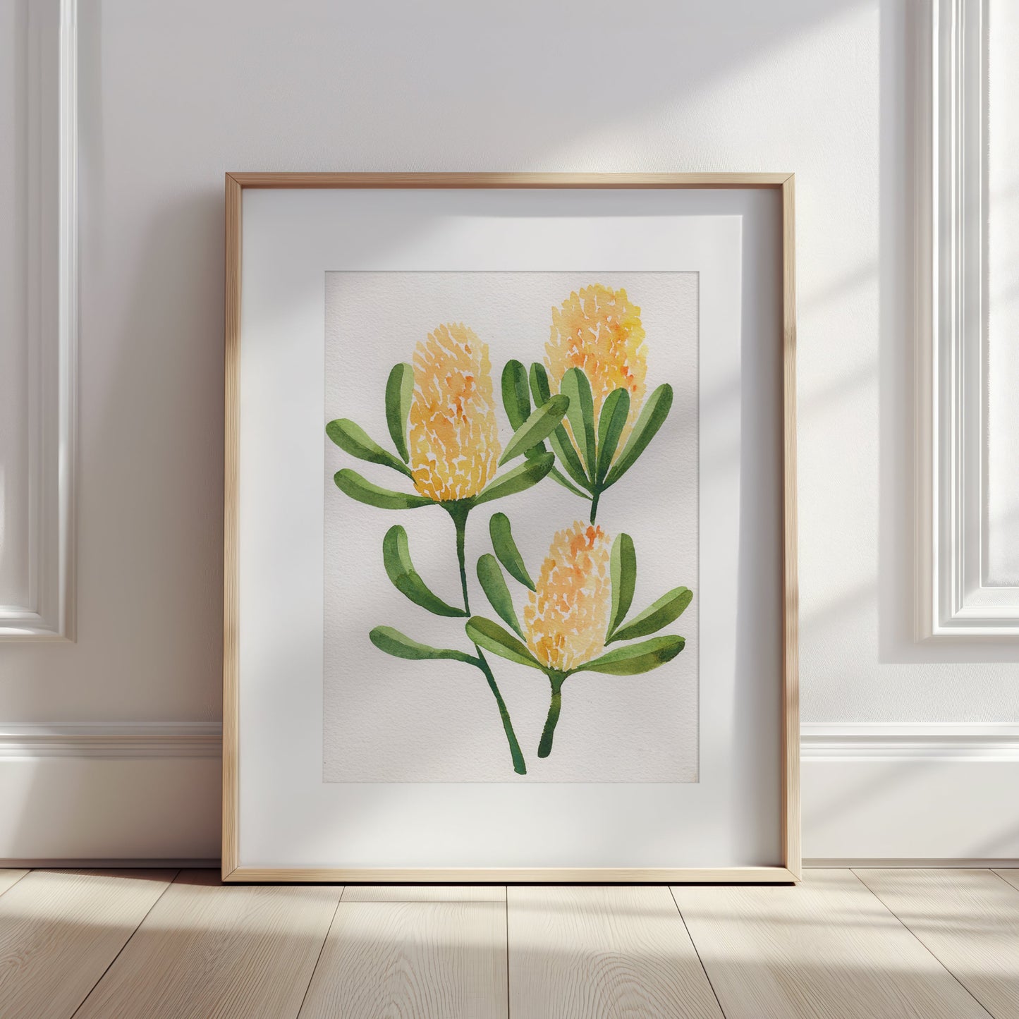 Honey Hour — original watercolour painting of three golden yellow Banksias by Bec Conlon.