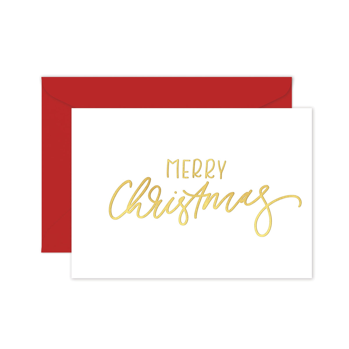 Greeting card with 'Merry Christmas' written in gold foil on a white background, with a red envelope.