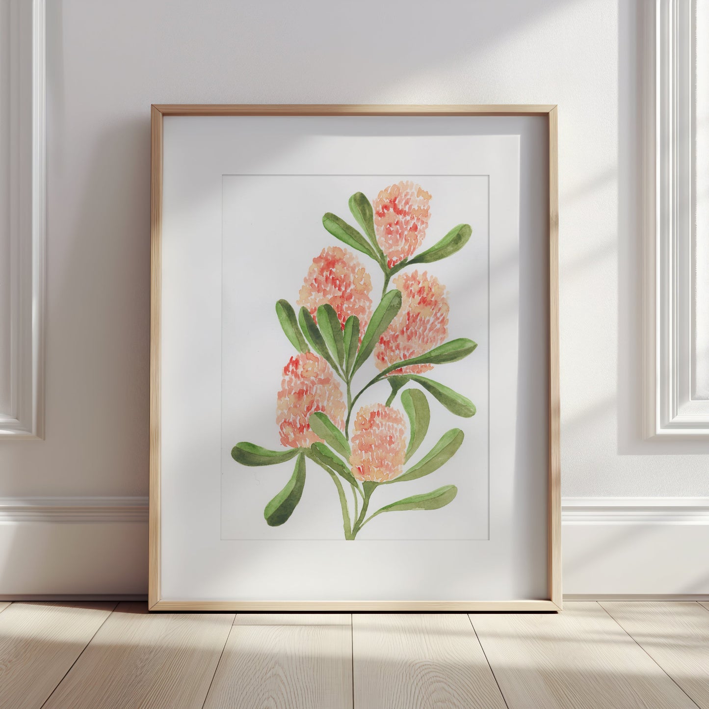 Peachy Banksias — original watercolour artwork in warm peach and blush tones by Bec Conlon.
