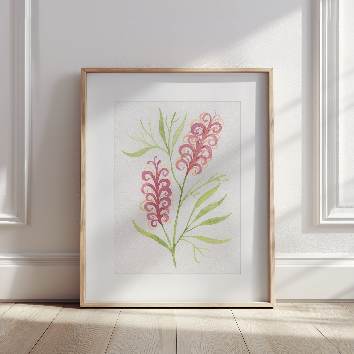 Framed original Grevillea watercolour painting, Australian native floral art by Bec Conlon.