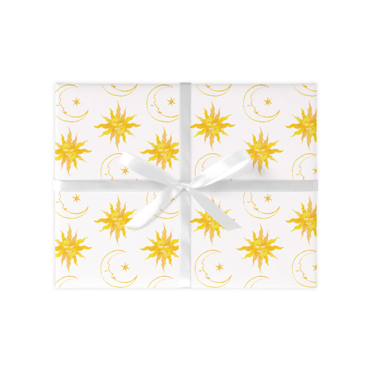 Wrapped gift on a white background with yellow suns and moons repeat pattern. Present tied together with a white ribbon.
