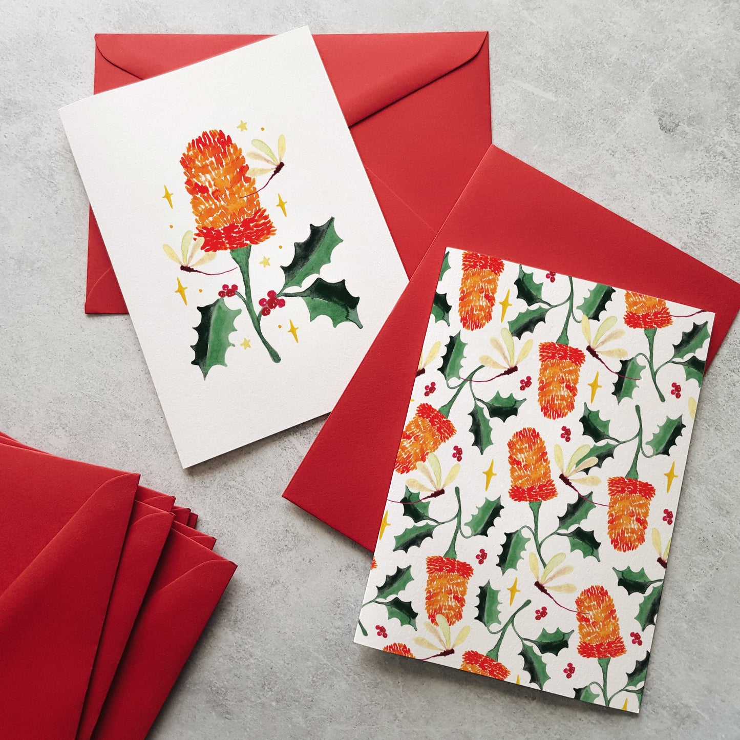 illustrated christmas themed australian florals with red envelopes