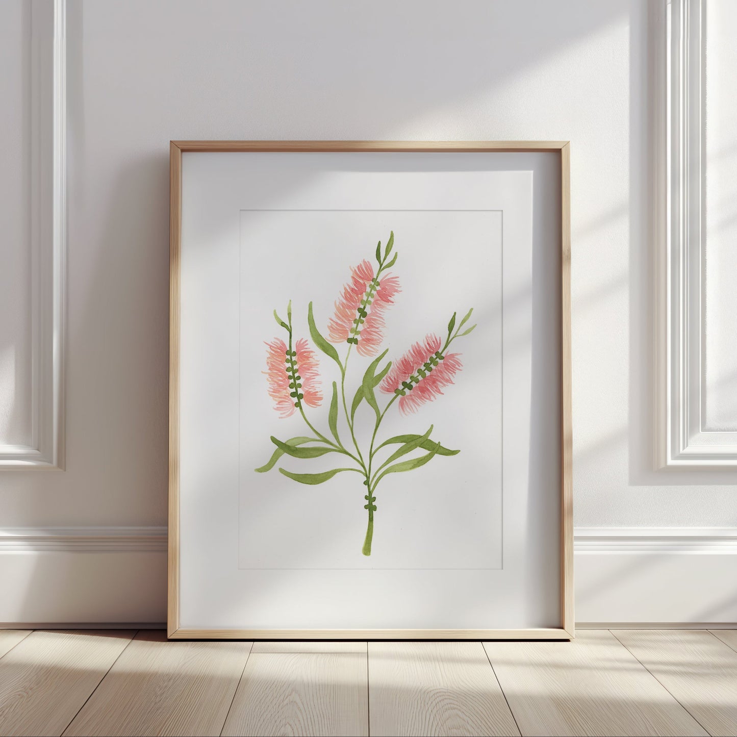 Original pink Rosé Bottlebrush watercolour painting, Australian native floral art by Bec Conlon.