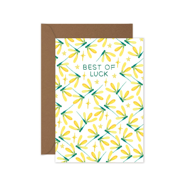 yellow and green dragonfly best of luck greeting card