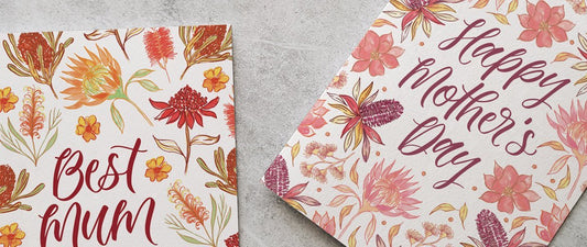 Flower mother's day cards in pink and red tones on a grey background
