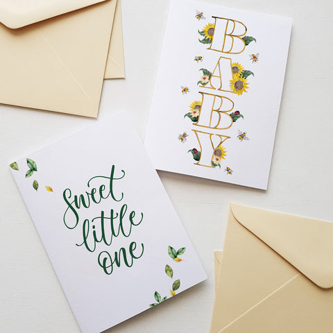 Botanical baby greeting cards with cream envelopes