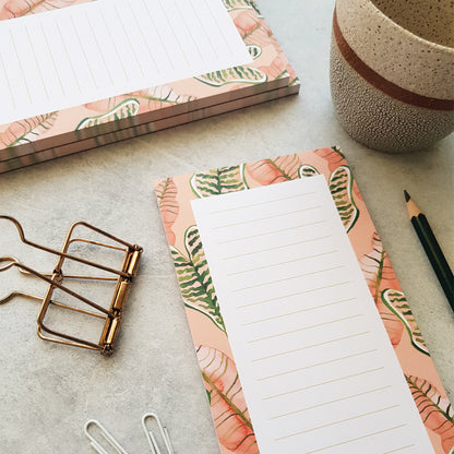 watercolour pink and green jungle leaves lined notepad with stationery