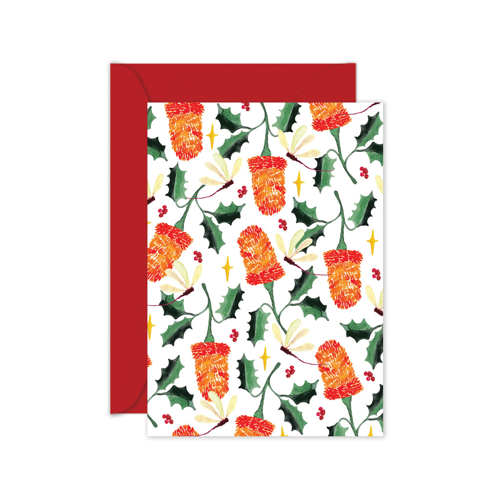 Australian made Christmas themed banksia floral repeat pattern greeting card