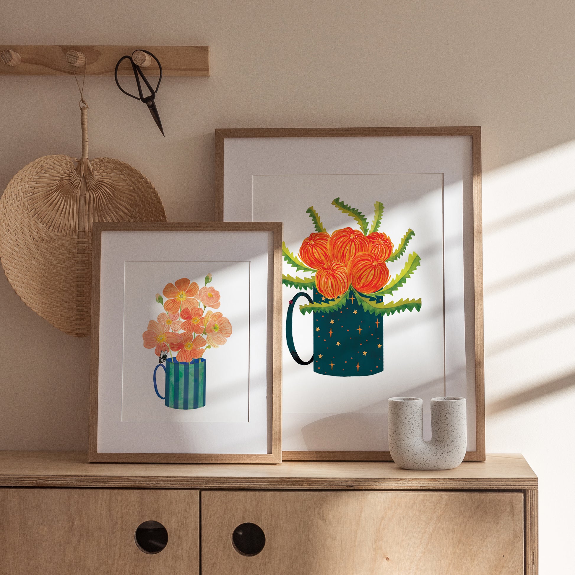 wooden framed colourful flower mugs 