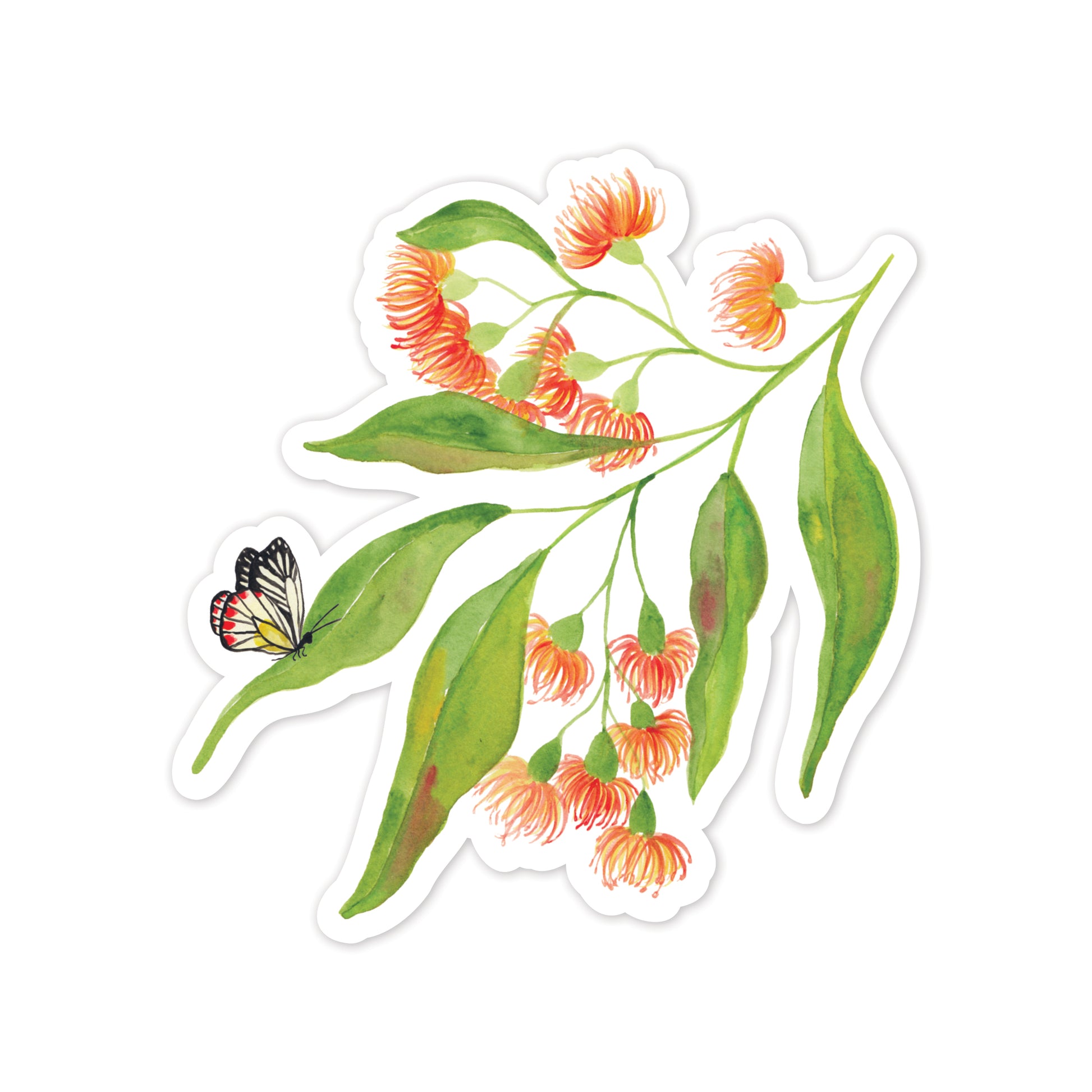 Illustration of a butterfly on a branch with orange flowers and green leaves on a white background