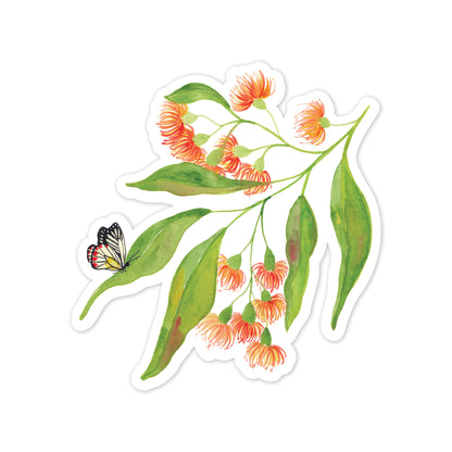 Illustration of a butterfly on a branch with orange flowers and green leaves on a white background