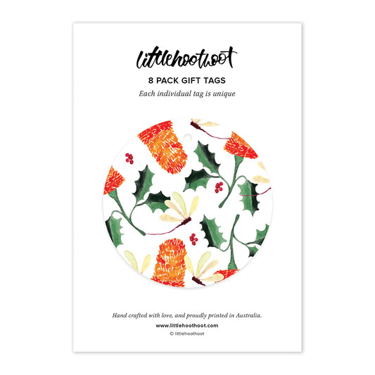 packaged circle red and green Australian themed christmas gift tags with dragonflies