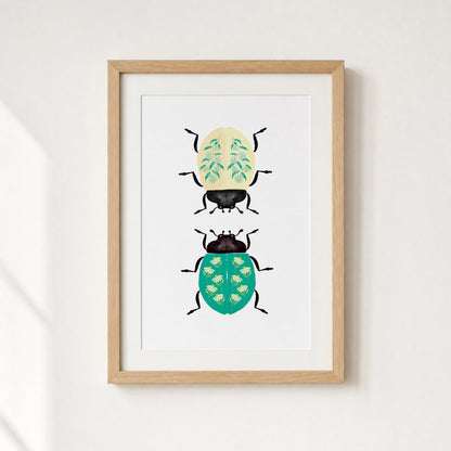 Framed artwork of two illustrated beetles on a white background
