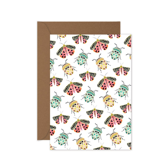 Greeting card featuring beetle and moth illustration, suitable for any occasion