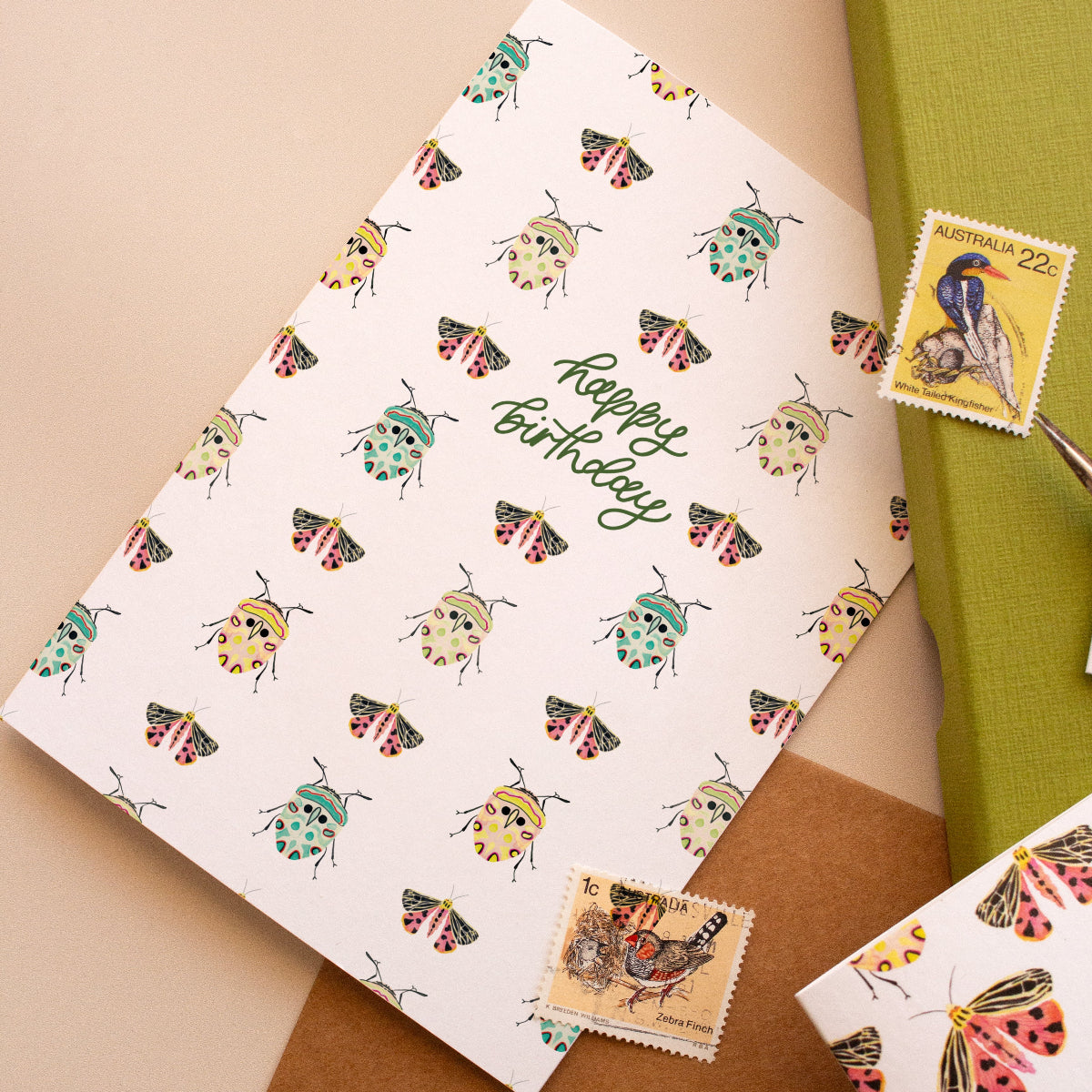 Handcrafted Happy Birthday card with beetle and moth illustration, Australian made
