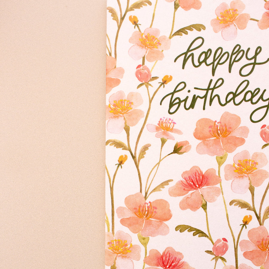 Floral birthday card with pink flowers and 'Happy Birthday' text on a beige background