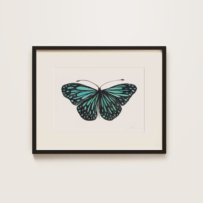 Framed artwork of a turquoise butterfly on a white background in a black frame