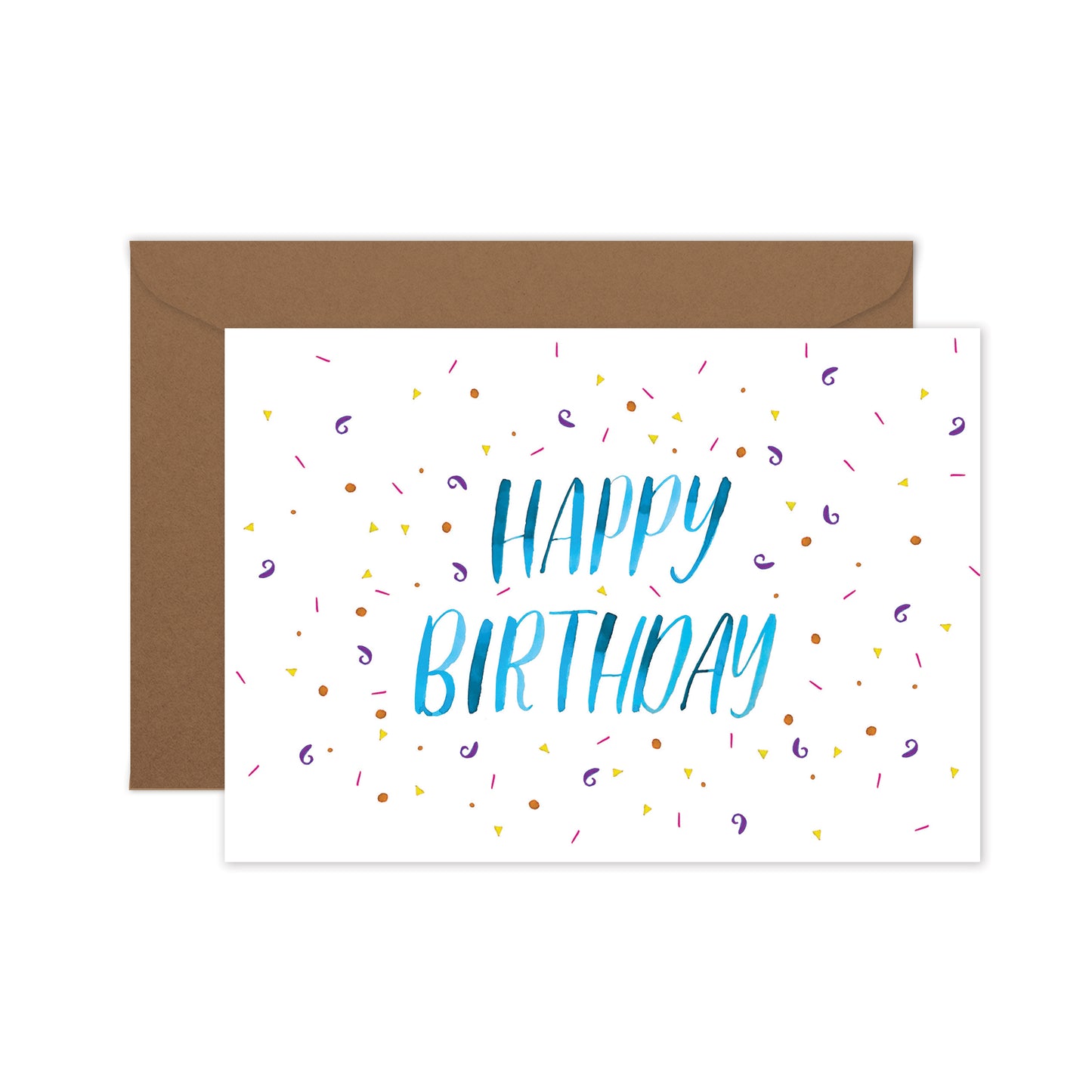 Greeting Card with 'Happy Birthday' text in blue tones, surrounded by confetti, and a brown kraft envelope.