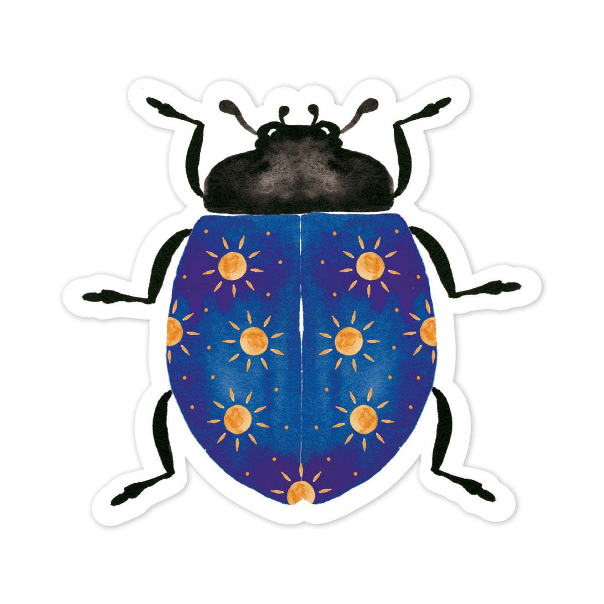 Sticker of a blue beetle with yellow sun patterns on a white background