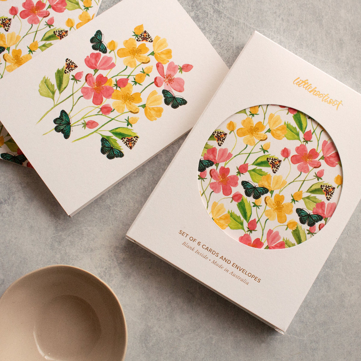 Botanical garden greeting cards with blooms and butterflies, pack of six