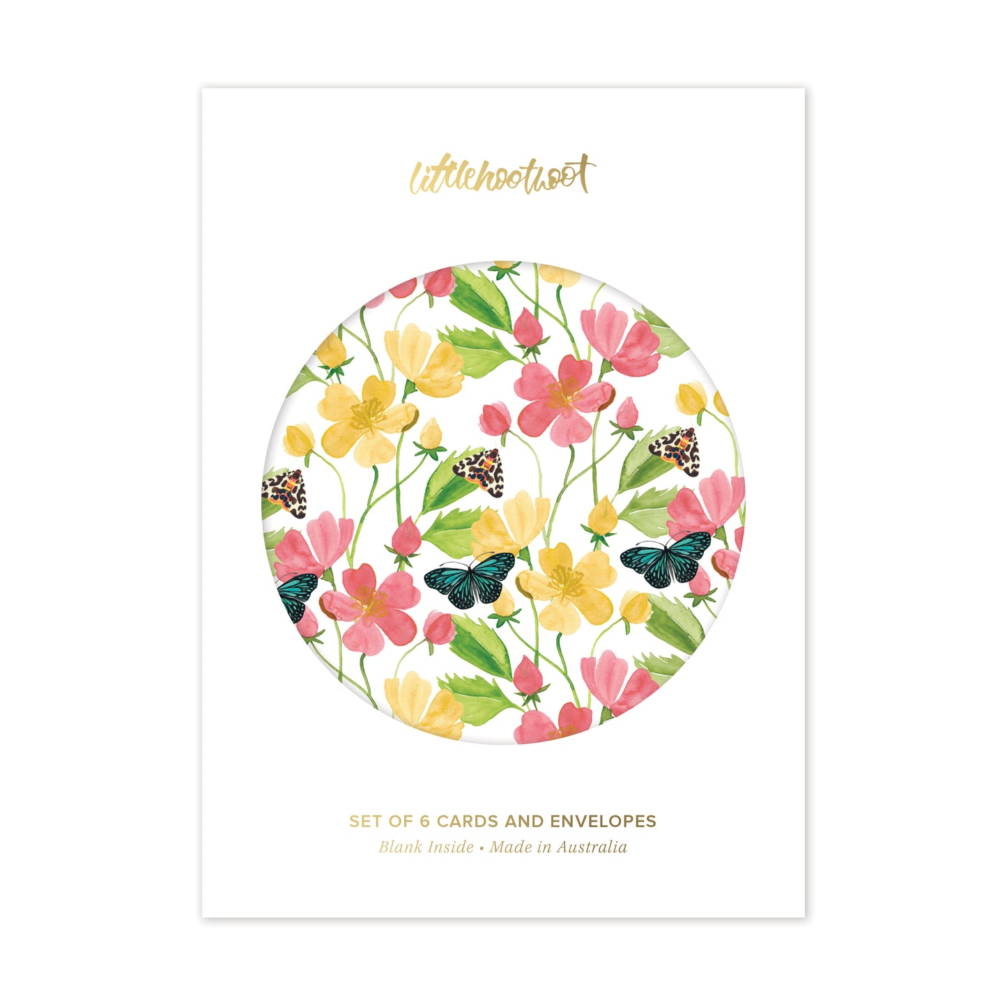 Set of six botanical greeting cards featuring colourful flowers and butterflies