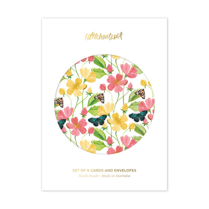 Set of six botanical greeting cards featuring colourful flowers and butterflies