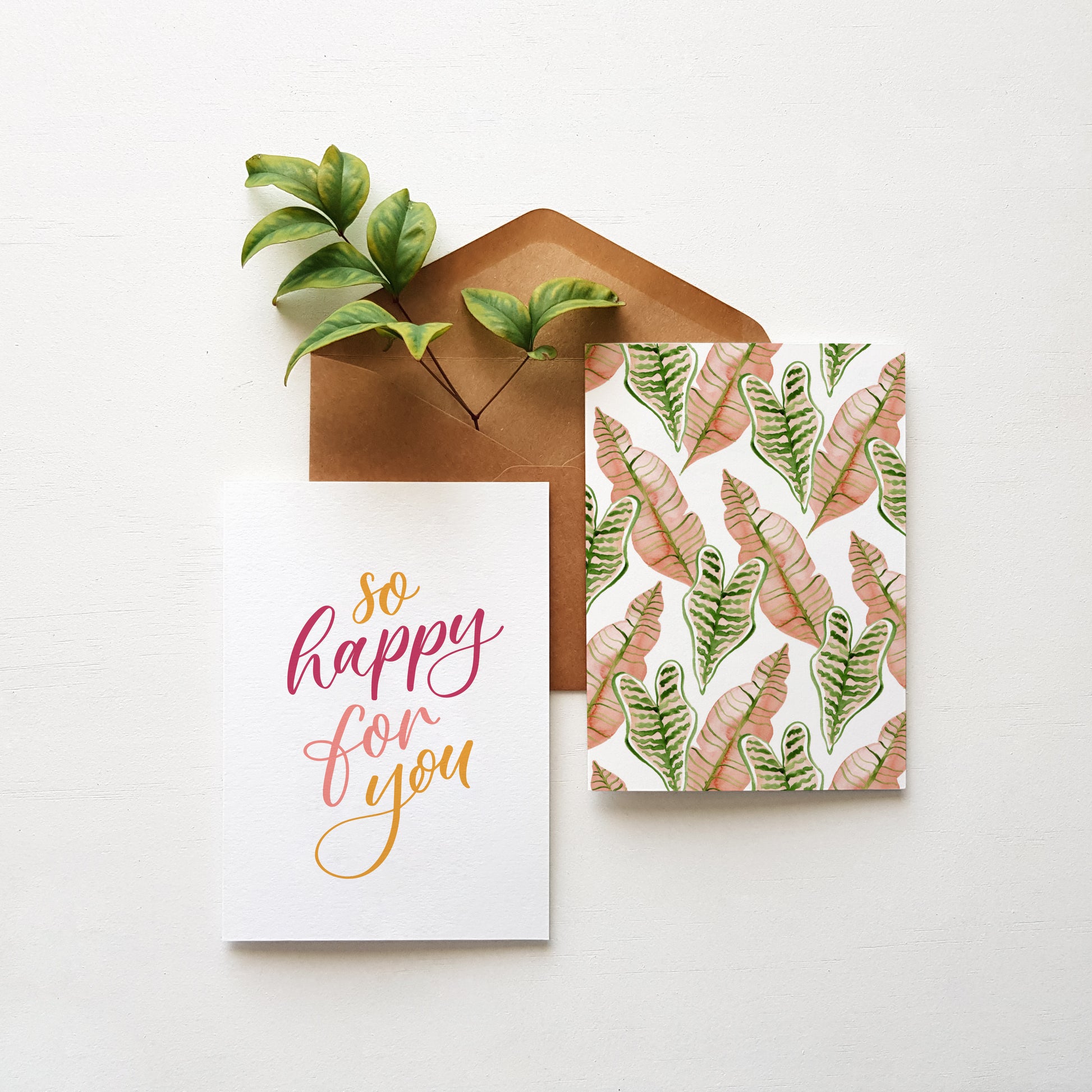 pink everyday leaf greeting cards and kraft envelope