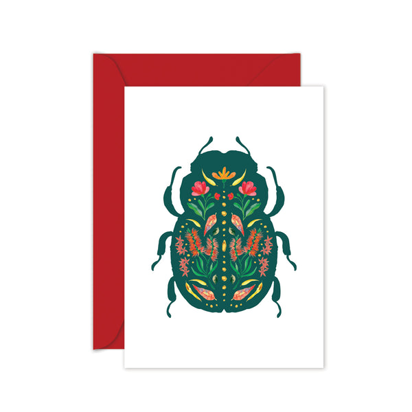 Christmas beetle greeting card with Australian flora