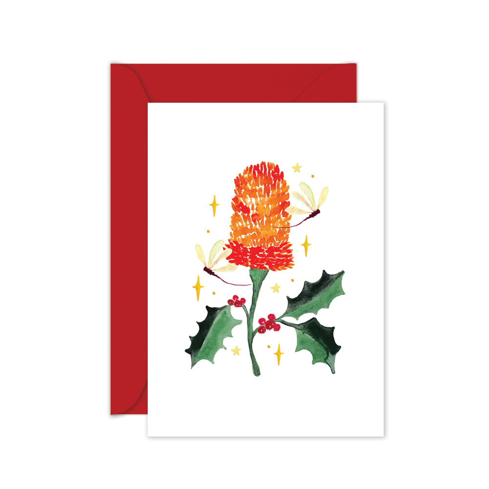 red banksia christmas holly botanical Christmas greeting card with dragonflies