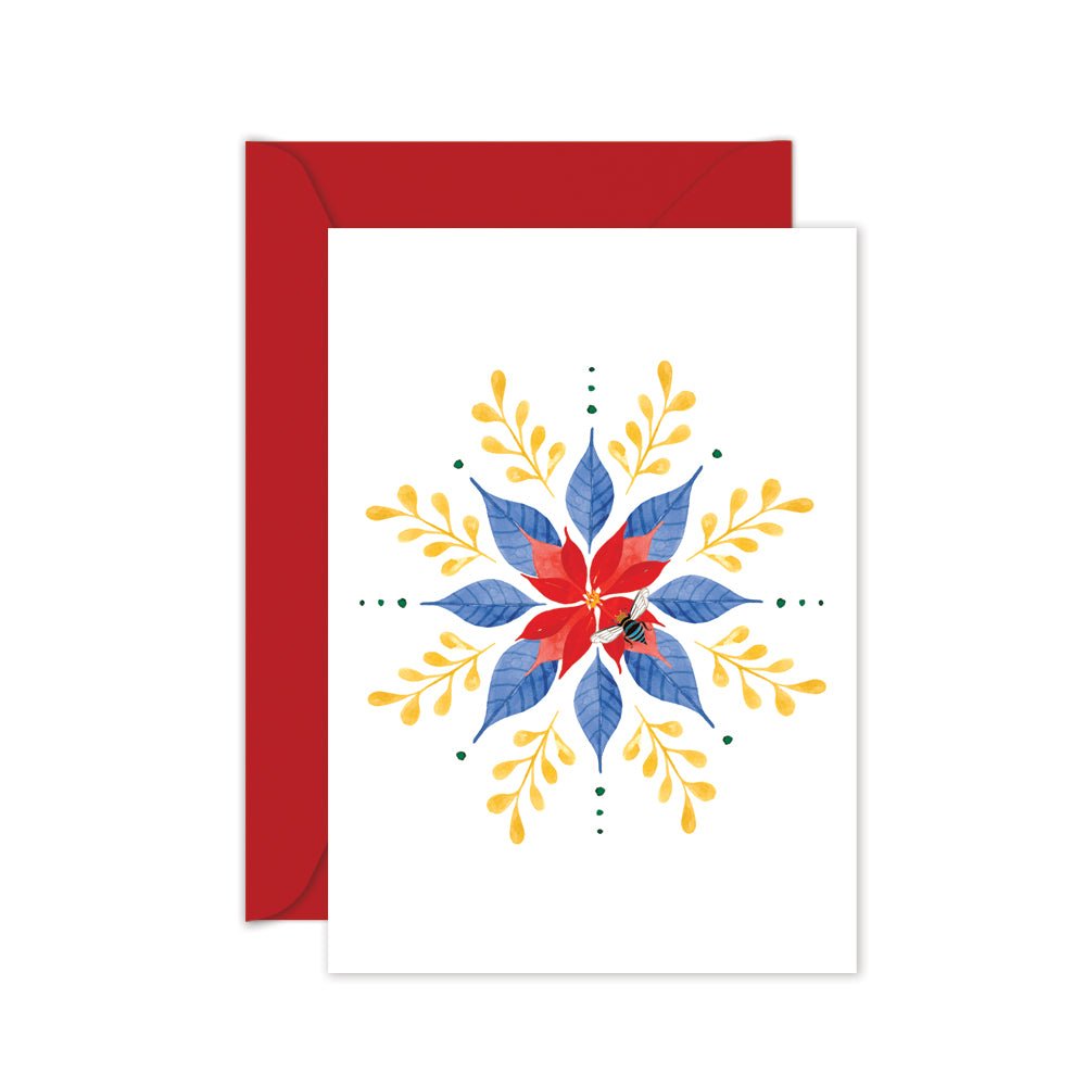 Greeting card with a red, blue, and yellow floral design on a white background