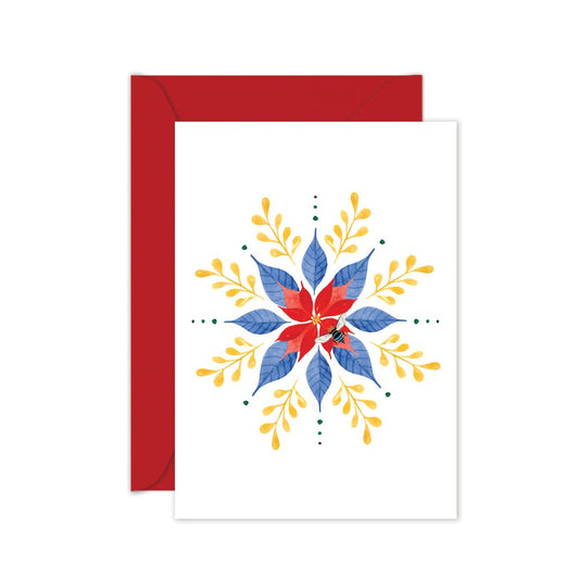 Greeting card with a red, blue, and yellow floral design on a white background