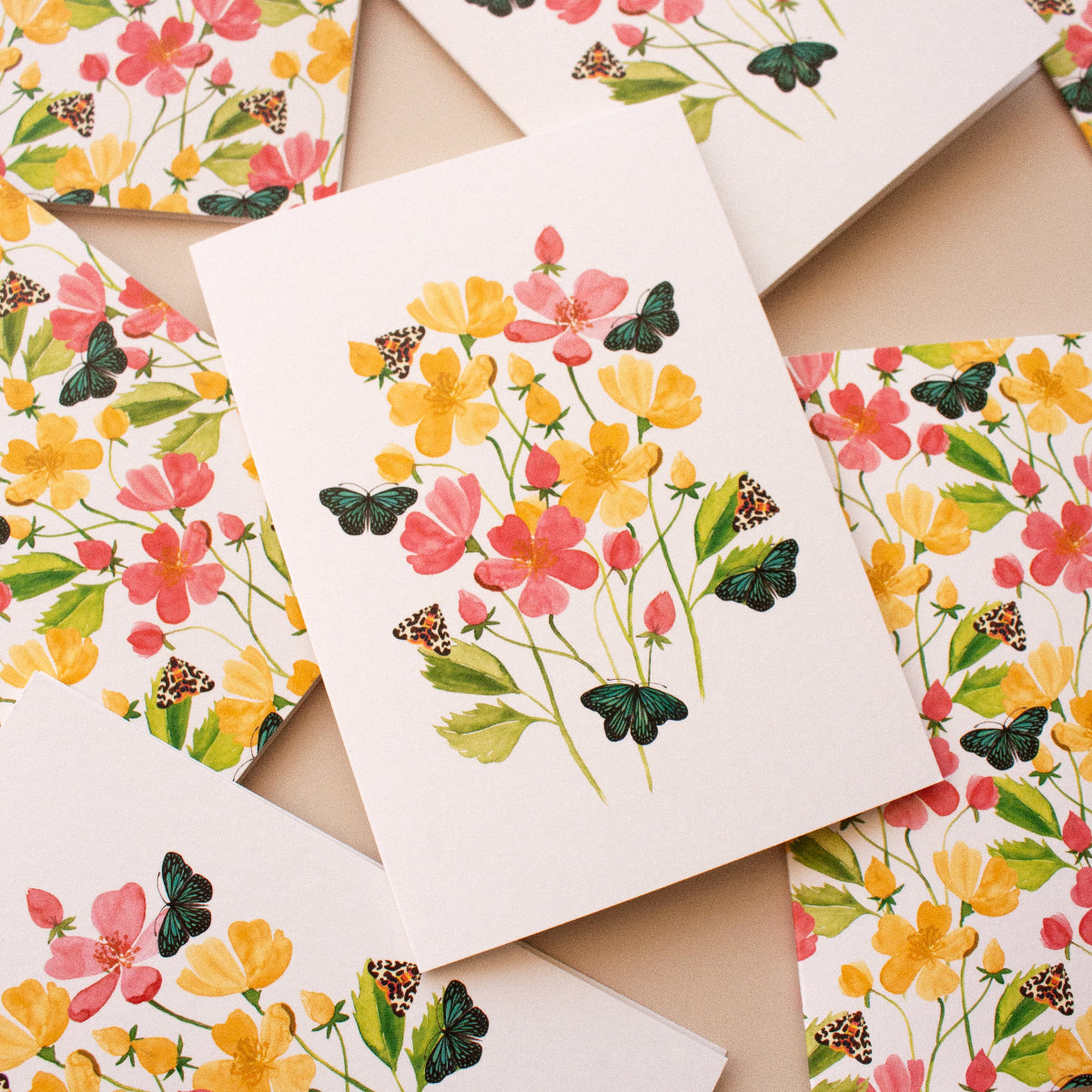 Nature-inspired greeting card pack with watercolour florals, butterflies and moths