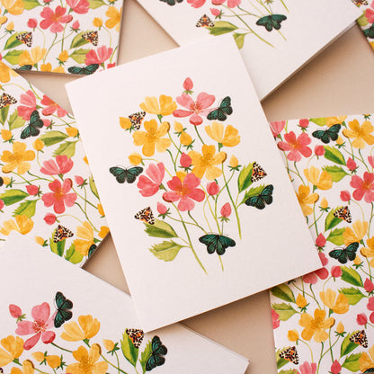 Nature-inspired greeting card pack with watercolour florals, butterflies and moths