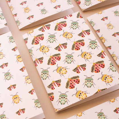 Everyday greeting card with colourful beetles and moths, blank inside for any occasion
