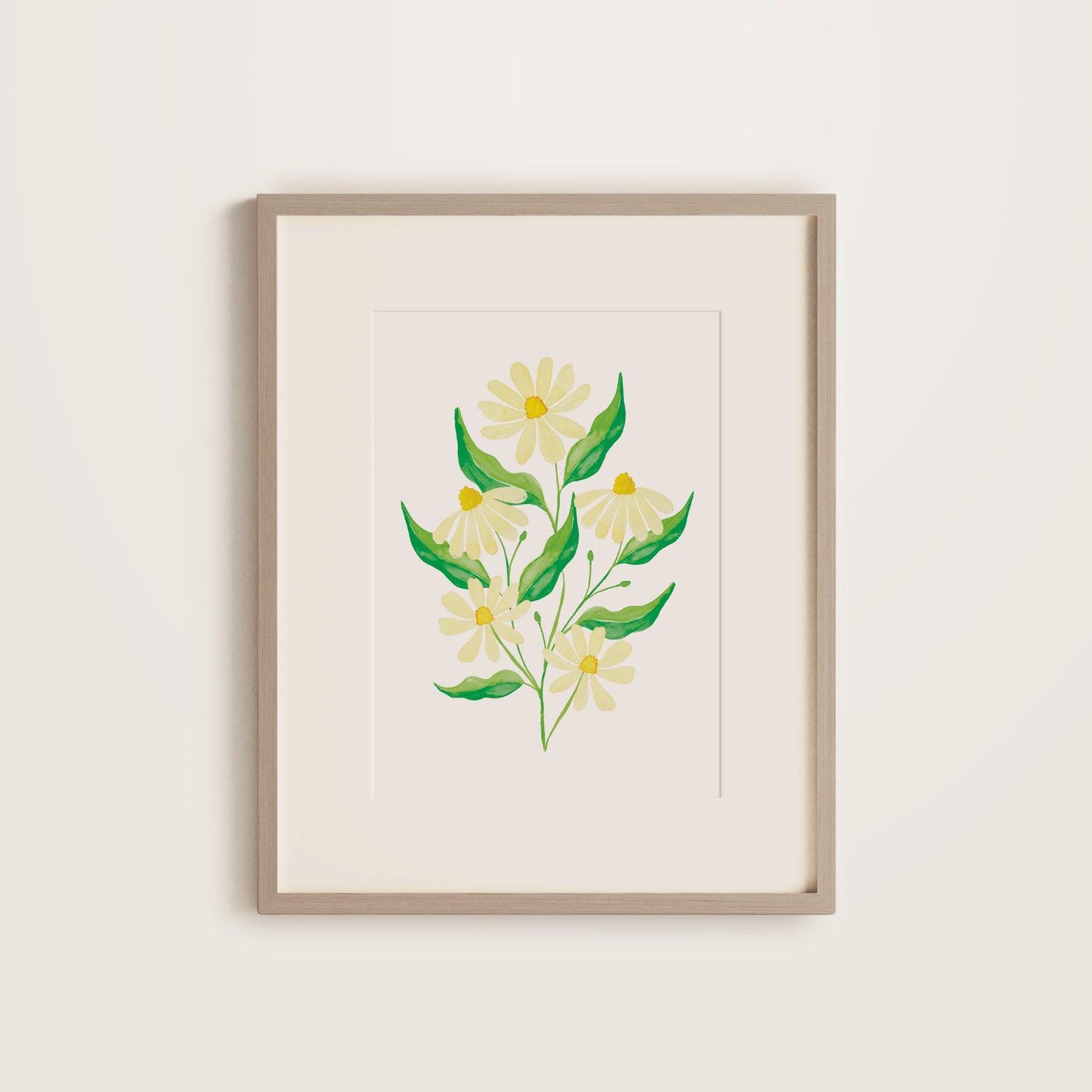 Framed print with cream daisies and green leaves in a wooden frame