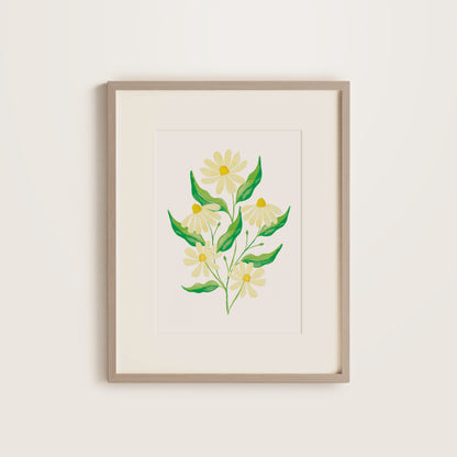 Framed print with cream daisies and green leaves in a wooden frame