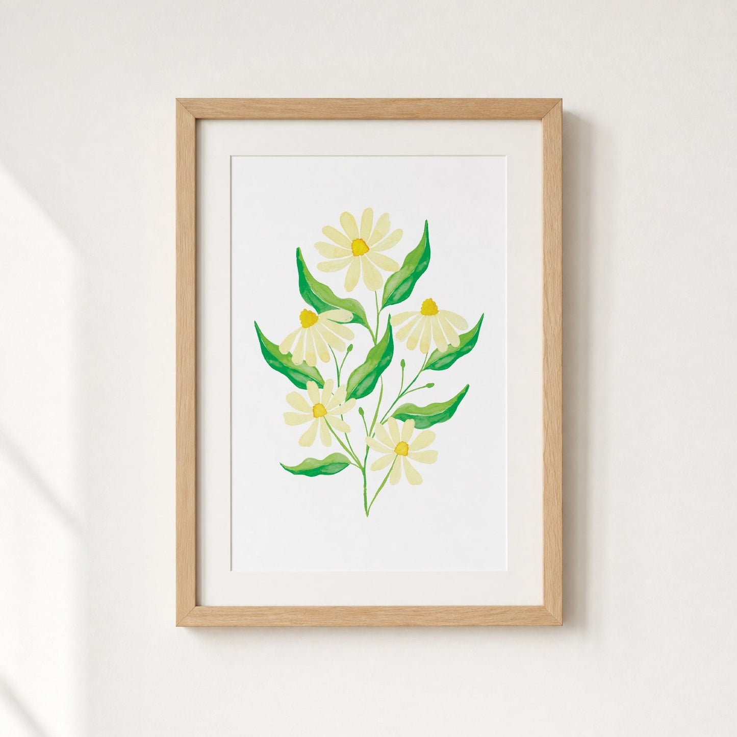 Framed artwork of a floral design on a white wall