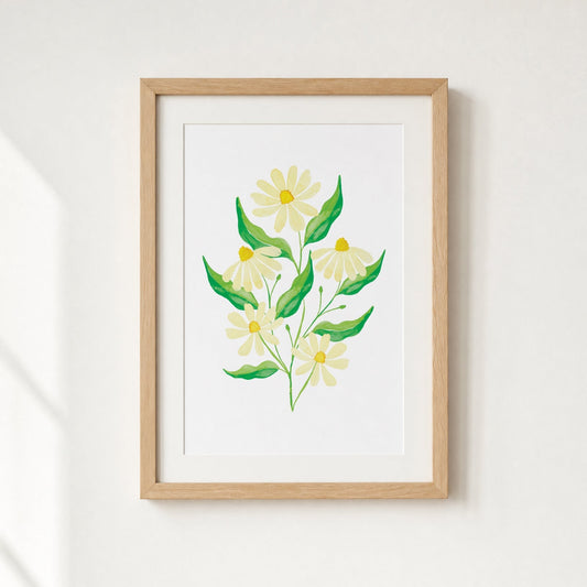 Framed artwork of a floral design on a white wall