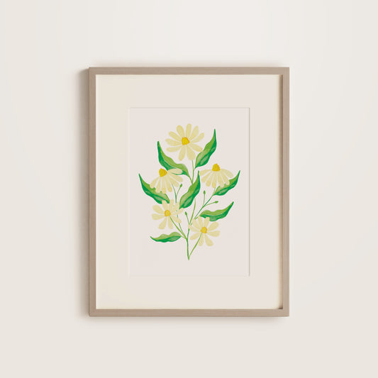 Framed print with cream daisies and green leaves in a wooden frame