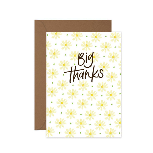Thank you card with cream daisies and ‘Big Thanks’ in dark brown, kraft envelope included.