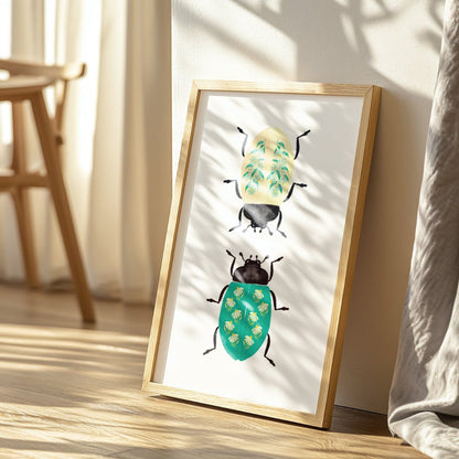 Framed artwork of beetles on a wooden surface with a light background