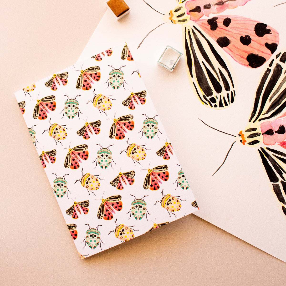 Handpainted everyday card featuring colourful beetles and moths